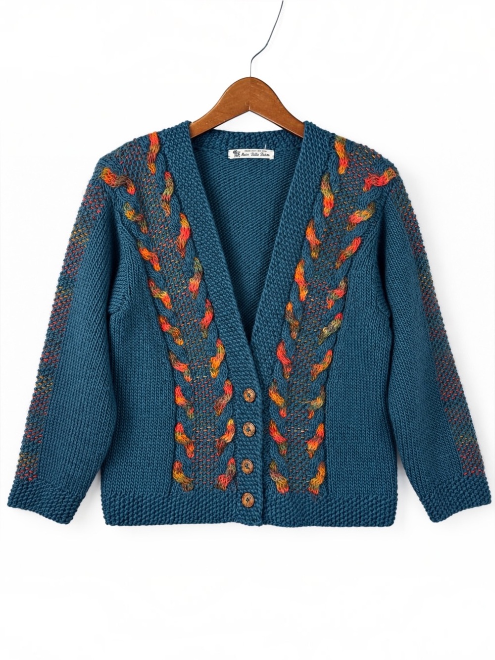 Mar-Rita Farm Hand Knit Teal Folk Art Cardigan Sweater S/M